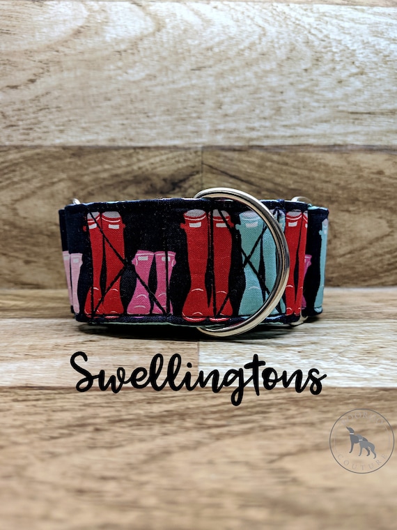 Wellington Boots Fall 2" Martingale Dog Collar; teal satin lined; silver hardwares