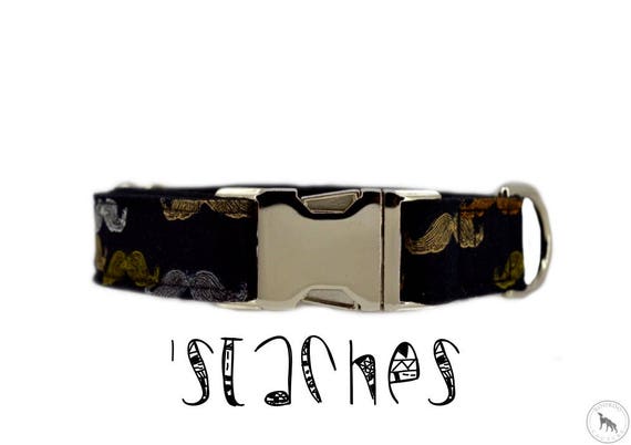 Moustache Dog Collar: Boy dog collar; black and brown; satin lined; adjustable length; 1" ,1.5", 2" widths available; Silver or Brass buckle