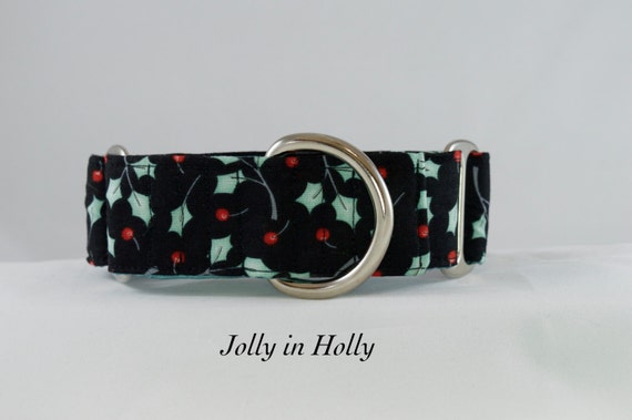 Jolly in Holly Dog Collar: Available in Martingale or Buckle Dog Collar. Christmas, Holiday, Winter Dog Collar.