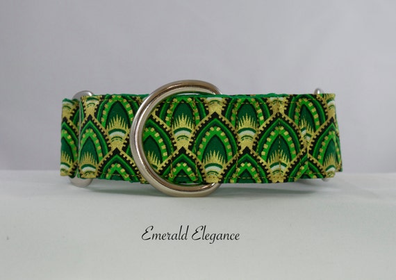 Emerald Elegance Dog Collar: Available in Buckle or Martingale Style. Green and Gold leaf pattern.
