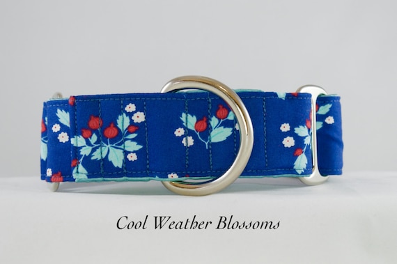 Cool Weather Blossoms: Adjustable Martingale or Buckle Dog Collar for Winter, Christmas, Fall, in blues