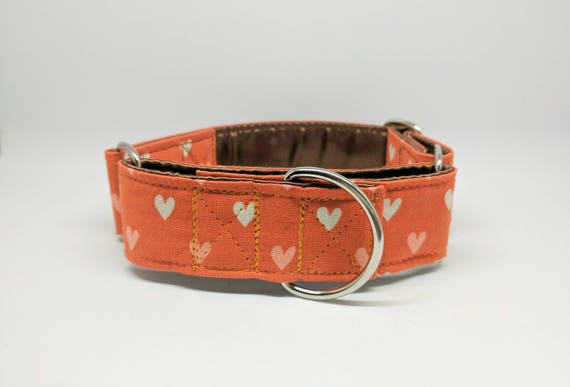 Valentines Martingale Dog Collar Tiny Hearts: Orange, Pink, White Pattern SILVER HARDWARE