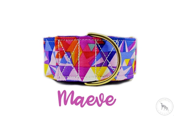 Martingale Dog Collar: bright geometric purple prism; Brass hardware; purple satin lined; adjustable lengths; 1" , 1.5" 2" widths available