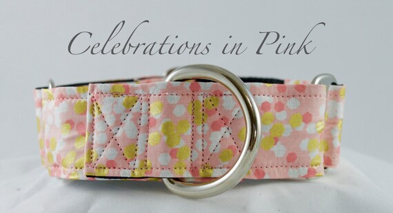 Pink Confetti Dog Collar: Pink, Gold confetti style collar. Available in Martingale or Buckle Style, girly dog collar