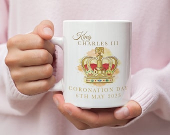 Kings Coronation Crown Mug for Tea Coffee Watercolour Print King Charles May 2023 Party White Ceramic 10oz Cup Souvenir Gift London England