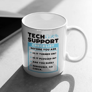 Tech Support Checklist Mug for Tea Coffee Funny Sysadmin IT department Gift for computer science engineer work office network helpdesk job