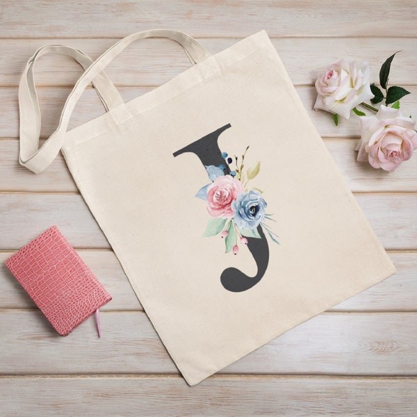 Fleurs initiales florales aquarelle monogramme sac fourre-tout cadeau mariage Shopper bébé travail sac A-Z mariée douche nuptiale poule faire fête demoiselle d'honneur