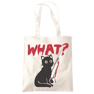 Evil Cat Tote Bag - What? Katze Einkaufstasche - Lustiges Halloween Geschenk Tote Shopper Modetasche Katzenliebhaber Salem Crazy Cat Lady Haustier Katzenbesitzer Geschenk