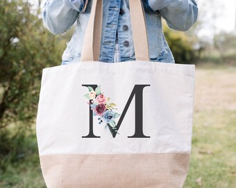 Bolso de lona de yute con monograma de acuarela con flores iniciales, ecológico, extragrande, para bodas, para la escuela, para el trabajo, para pasar la noche, de la A a la Z