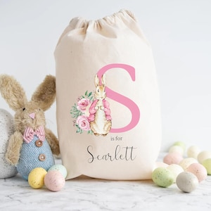 Personlig presentpåse med namn, initial, kanin, Beatrix, kanin, dragskopåse - Barn, Canvas, påsk, födelsedag, doppresent