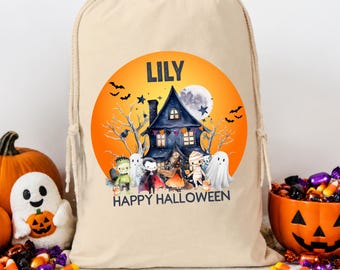 Spersonalizowana torba na cukierki na Halloween | Torba na słodycze z nadrukiem i nadrukiem Boo Basket dla dzieci, wielokrotnego użytku, na prezent