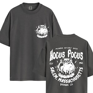 May include: Dark grey t-shirt with a white cauldron graphic on the front and back. The back of the shirt features the text "Hocus Pocus" and "Salem, Massachusetts Brewing Co."