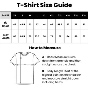 Puede incluir: Tabla de tallas de camiseta con medidas en cent&iacute;metros para el pecho y la longitud del cuerpo. La tabla incluye tallas desde XS hasta 6XL. Una ilustraci&oacute;n muestra c&oacute;mo medir el pecho y la longitud del cuerpo.