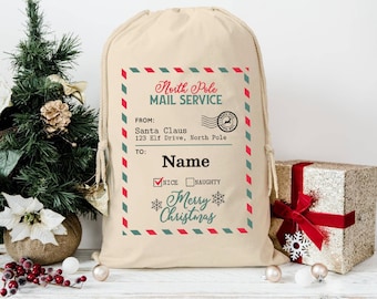 Christmas Personalised Sack North Pole Delivery Service Gift Bag Named Customised Gift Bag December Eve 25th Name Custom Xmas Stocking Sack