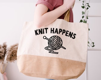 Knit Happens Jute Canvas Eco Stylish Tote Shopping Shopper Bag - Gift for Knitter Knitting bag Knit Crochet Wool Needles Crafter Craft Hobby
