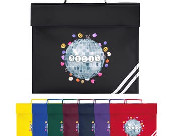 Personalised School Bookbag - Children's Disco Ball Friendship Bracelet Girls Book Bag for Reception Infants KS1 Early Years P1 Primary Kids