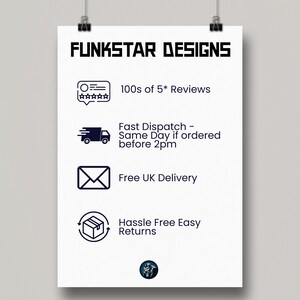 Puede incluir: Fondo blanco con texto negro que dice "FUNKSTAR DESIGNS". Debajo del texto hay cuatro iconos con descripciones de texto. El primer icono es una burbuja de di&aacute;logo con cinco estrellas y el texto "100s of 5* Reviews". El segundo icono es un cami&oacute;n de reparto con el texto "Fast Dispatch - Same Day if ordered before 2pm". El tercer icono es un sobre con el texto "Free UK Delivery". El cuarto icono es un paquete con flechas que lo rodean y el texto "Hassle Free Easy Returns".