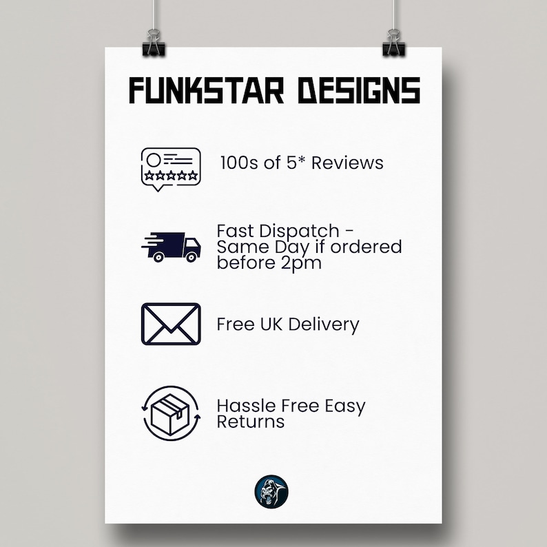 Puede incluir: Fondo blanco con texto negro que dice "FUNKSTAR DESIGNS". Debajo del texto hay cuatro iconos con descripciones de texto. El primer icono es una burbuja de di&aacute;logo con cinco estrellas y el texto "100s of 5* Reviews". El segundo icono es un cami&oacute;n de reparto con el texto "Fast Dispatch - Same Day if ordered before 2pm". El tercer icono es un sobre con el texto "Free UK Delivery". El cuarto icono es un paquete con flechas que lo rodean y el texto "Hassle Free Easy Returns".