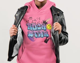 Rockstar Kids Hoodie – Blue & Purple Rockstar with Guitar and Smiley Face Rock Star Day School Hoodie, TT Rockstars Outfit - Fancy Dress Day