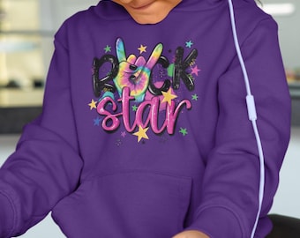 Rockstar Kids Hoodie – Tie Dye Text with Rocker Hand Sign, Rock Star Day School Hoodie, TT Maths Rockstars Outfit - Times Table Rockstars