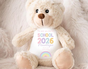 Personalised First Day of School Teddy | Girls Rainbow Name & School Keepsake | Back to School Bunny Bear Plush Gift 2026