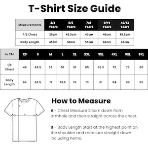 May include: T-shirt size guide chart with measurements in inches and centimetres. The chart shows sizes for children's t-shirts from 3/4 years to 12/13 years. The chart also includes a diagram showing how to measure for a t-shirt.