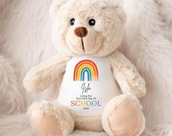 Personalised First Day of School Teddy | Custom Name Rainbow Hug Keepsake Gift | Back to School Bunny Bear Animal Plush 2026