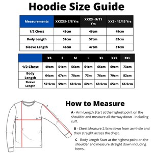 May include: A hoodie size guide with measurements in centimeters. The guide includes chest, body, and sleeve length measurements for various sizes, from XXXS to 3XL. Instructions on how to measure are also provided.