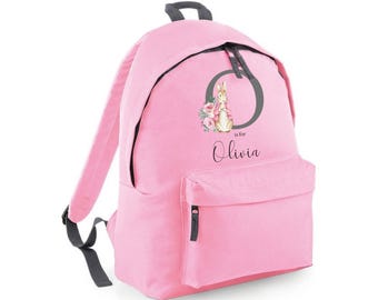 Personalised Nursery Backpack with Peter Bunny Custom Initial and Name Rucksack, For Primary Preschool Toddler Childs Travel Pink Rabbit UK