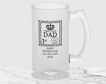 Personalised First Class Dad Beer Glass Stein Custom Message Frosted Pint Glass Fathers Day 2026 Gift Daddy Grandad Papa Pops Stepdad Gramps