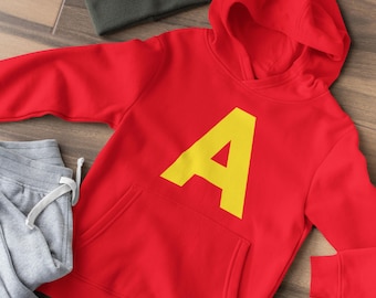 Costume da scoiattolo HotScamp - Felpa con cappuccio - Lettera A gialla, felpa rossa, top coordinato per gruppo, top per Halloween, festa in maschera, cosplay
