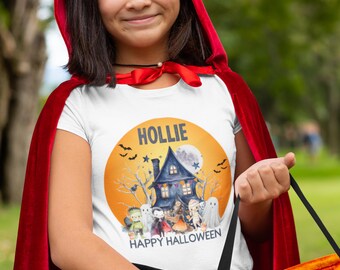 Spersonalizowana koszulka na Halloween dla dzieci i dorosłych – z niestandardowym imieniem, z napisem „Wesoły nawiedzony dom”, upiorna koszulka, koszulka imprezowa dla chłopców i dziewcząt, „cukierek albo psikus”