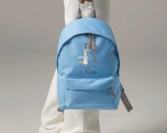 Personalised Nursery Backpack with Peter Bunny Custom Initial and Name Rucksack, For Primary Preschool Toddler Childs Travel - Sky Blue