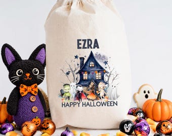 Spersonalizowana torba na Halloween „Cukierek albo psikus” z imieniem i płóciennym sznurkiem | Torba na słodycze dla dzieci na „Cukierek albo psikus” | Wielorazowy koszyk na słodycze Boo Basket