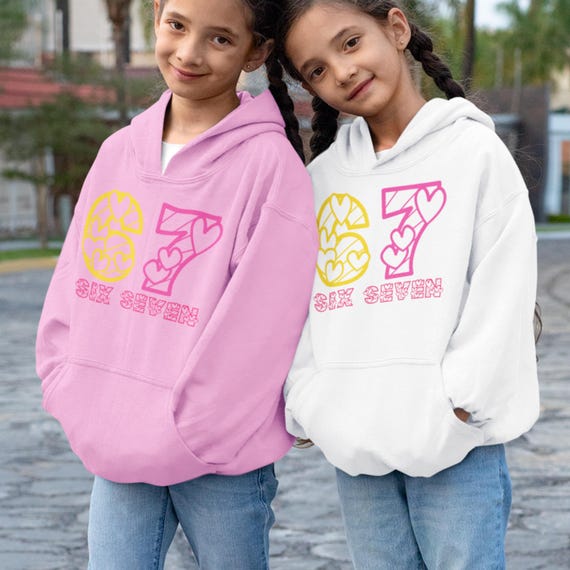 Girls 67 Hoodie for Kids, Teens and Adults – 67 6-7 Pink Hearts Slogan Sweatshirt - Six Seven Graphic Meme Fun Number Day Girly Cute Hoody