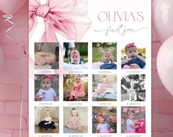 May include: A white milestone poster titled OLIVIA'S first year featuring a large pink watercolor bow at the top left. The board displays twelve square photographs of a baby at different ages, each labeled with the corresponding month from 1 to 12.