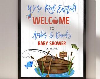 Editable Fishing Baby Shower Welcome Sign (Digital), Outdoors Blue and Red Fisherman