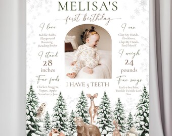 Winter Onederland First Birthday Milestone Poster, Editable Woodland 1st Birthday Sign (Digital Download)