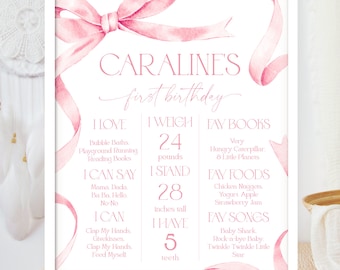 Editable Pink Bow 1st Birthday Milestone Poster (Digital Template), Dusty Pink Ribbon