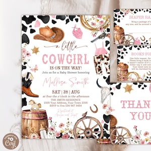 Editable Cowgirl Baby Shower Invitation Set. A Little Cowgirl Baby Shower Invite Pack. Wild West Western Girl Pink Outdoors Rodeo Country.
