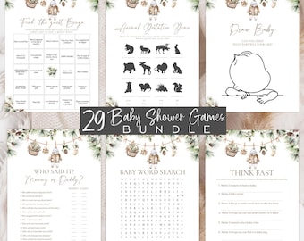 Editable Winter Baby Shower Games Bundle, 29 Printable Party Activities (Digital), Snow Winte Spruces, Baby Clothes
