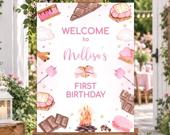 Editable S'mores First Birthday Welcome Sign (Digital), Pink Camping Party Decor, Backyard With Friends Bonfire Party