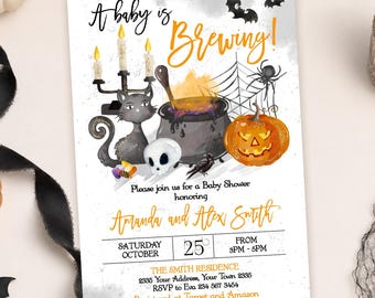 Editable Halloween Baby Shower Invitation, A Baby Is Brewing Party Template, Witch Cauldron Theme (Digital)