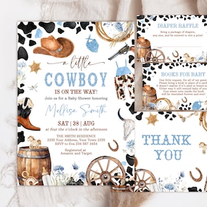 Editable Cowboy Baby Shower Invitation Set. A Little Cowboy Baby Shower Invite Pack. Wild West Western Boy Blue Outdoors Rodeo Country.