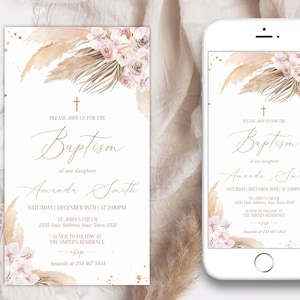 Bearbeitbare Boho Taufe Einladung. Boho Tauf Evite. Pampasgras Text einladen. Mädchen Boho Taufe Text einladen. Pampas Taufe.