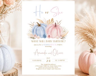 Editable Pumpkin Gender Reveal Invitation, Boho Watercolor Fall Baby Shower Invite, Boy Or Girl