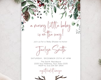 Editable Merry Little Baby Shower Invitation Suite, Winter Holiday Baby Shower Invite (Digital), Rustic Christmas Botanical