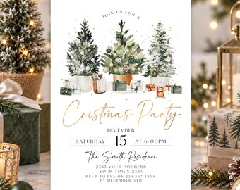 Editable Winter Christmas Party Invitation (Digital), Rustic Watercolor Holiday Invite, 5x7 Gold and Green
