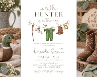 Editable Hunting Baby Shower Invitation, Rustic Woodland Watercolor Baby Boy Shower Invite Suite, Digital
