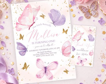 May include: A rectangular birthday invitation and a matching thank you card featuring watercolor pink and purple butterflies, gold glitter accents, and printed text including the name Mellisa, event details, and the phrase Our Little Butterfly.